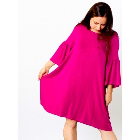 NWT bryn Walker Fuchsia Pink Bell Sleeve Riviera Straight Long Tunic Dress M - Picture 3 of 12